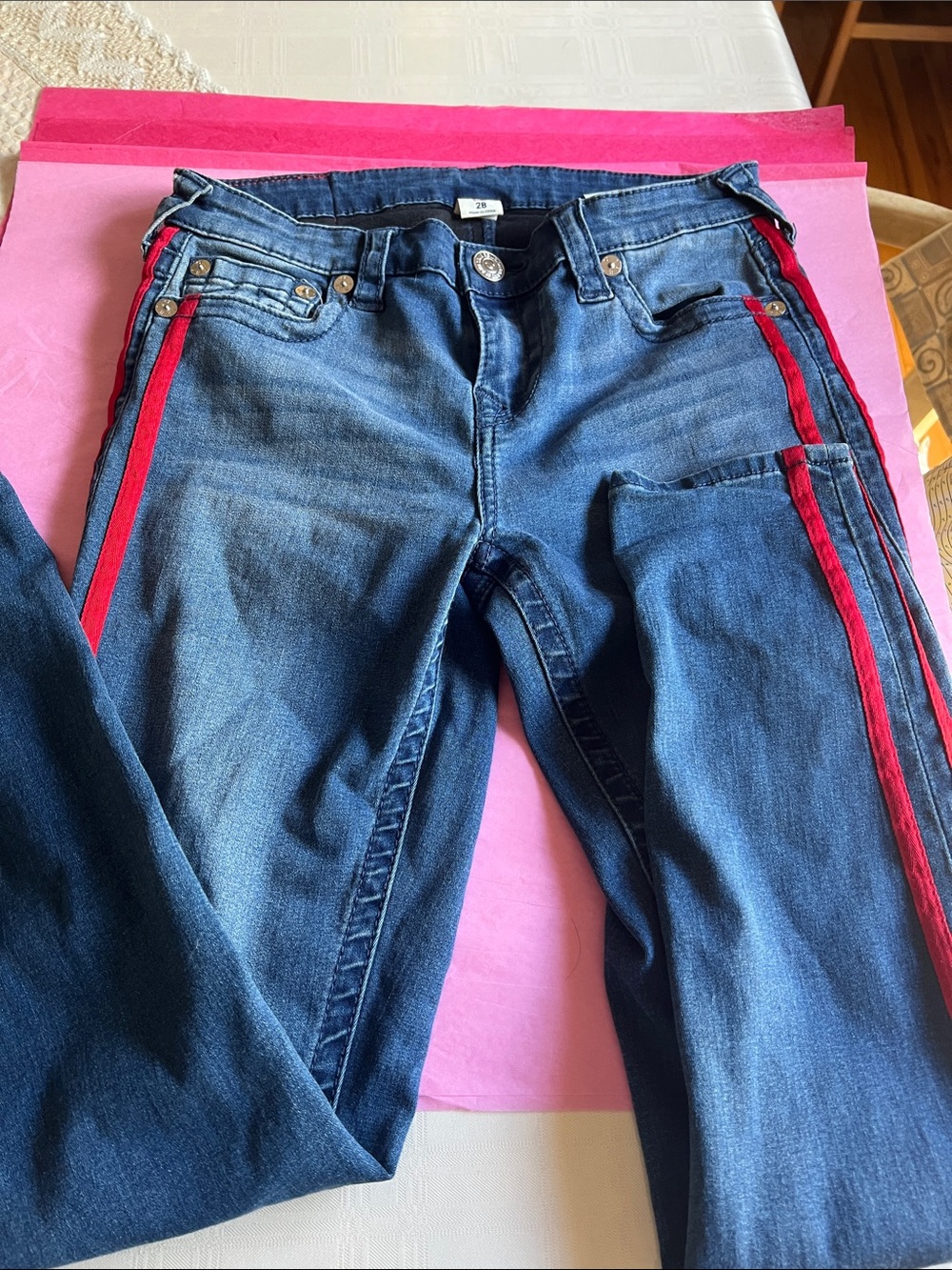 True Religion Blue Skinny Jeans with Red Side Stripes